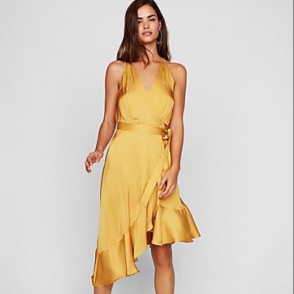 mustard satin midi dress